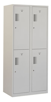 Lockerkast. 180 x 80 x 50 cm (HxBxD). 2 kolommen met 2 deurtjes per kolom en perforatie ventilatie in deur