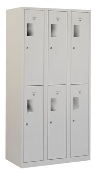 Lockerkast. 180 x 90 x 50 cm (HxBxD). 3 kolommen met 2 deurtjes per kolom met perforatie ventilatie in deur Lockerkast. 180 x 90 x 50 cm (HxBxD). 3 kolommen met 2 deurtjes per kolom met perforatie ventilatie in deur