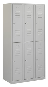 Lockerkast. 180 x 90 x 50 cm (HxBxD). 3 kolommen met 2 deurtjes per kolom en ventilatie sleuven. Lockerkast. 180 x 90 x 50 cm (HxBxD). 3 kolommen met 2 deurtjes per kolom en ventilatie sleuven.