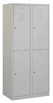 Lockerkast. 180 x 80 x 50 cm (HxBxD). 2 kolommen met 2 deurtjes per kolom en ventilatie sleuven.