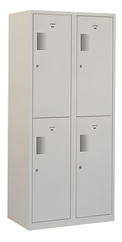 Lockerkast. 180 x 80 x 50 cm (HxBxD). 2 kolommen met 2 deurtjes per kolom en perforatie ventilatie in deur