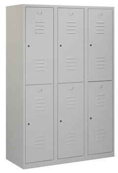 Lockerkast. 180 x 120 x 50 cm (HxBxD). 3 kolommen met 2 deurtjes per kolom en ventilatie sleuven. Lockerkast. 180 x 120 x 50 cm (HxBxD). 3 kolommen met 2 deurtjes per kolom en ventilatie sleuven.